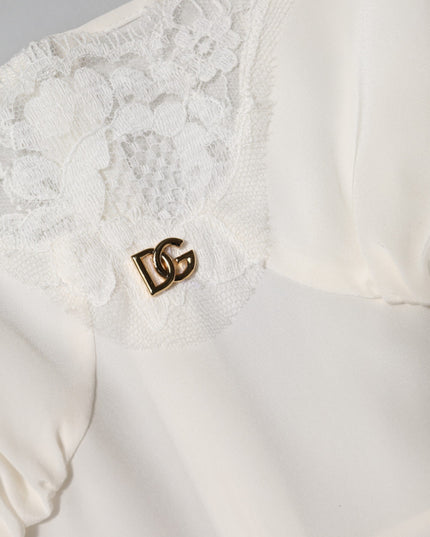 Dolce & Gabbana White Lace Gold DG Logo Silk Dress Sleepwear