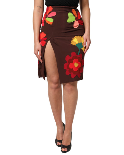 Dolce & Gabbana Brown Floral High Waist Side Slit Skirt