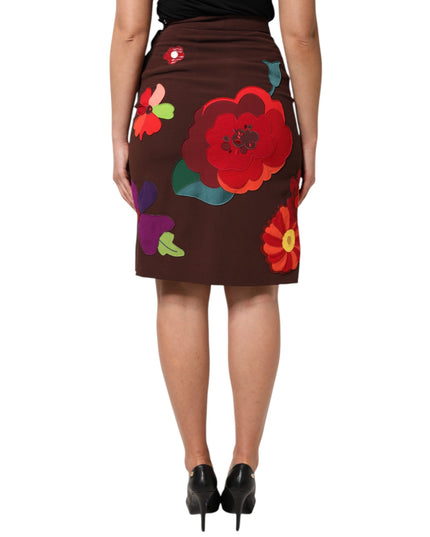 Dolce & Gabbana Brown Floral High Waist Side Slit Skirt