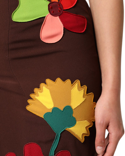 Dolce & Gabbana Brown Floral High Waist Side Slit Skirt