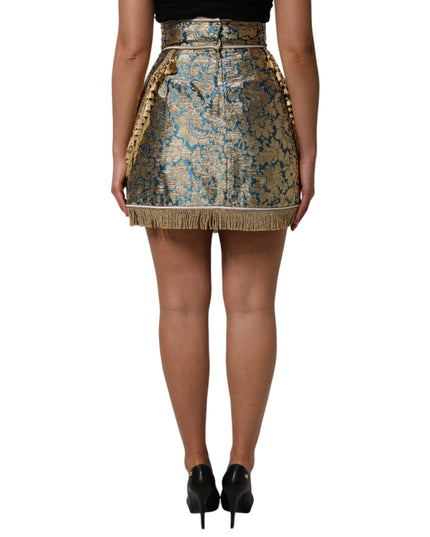 Dolce & Gabbana Blue Floral Jacquard Tasseled Mini Skirt
