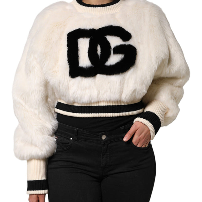Dolce & Gabbana White Cropped Faux Fur DG Sweatshirt Sweater