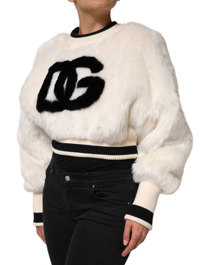 Dolce & Gabbana White Cropped Faux Fur DG Sweatshirt Sweater