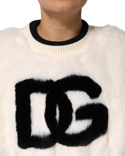 Dolce & Gabbana White Cropped Faux Fur DG Sweatshirt Sweater