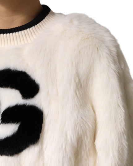 Dolce & Gabbana White Cropped Faux Fur DG Sweatshirt Sweater