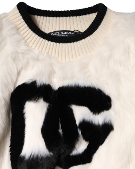 Dolce & Gabbana White Cropped Faux Fur DG Sweatshirt Sweater