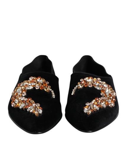 Dolce & Gabbana Black Velvet Embellished Loafer Slip On Shoes