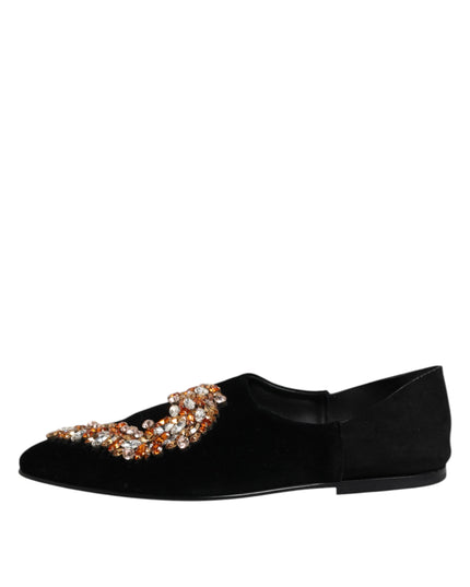 Dolce & Gabbana Black Velvet Embellished Loafer Slip On Shoes