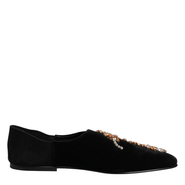 Dolce & Gabbana Black Velvet Embellished Loafer Slip On Shoes