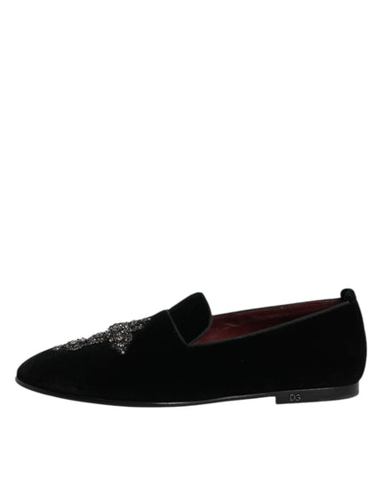 Dolce & Gabbana Black Velvet Embellished Loafer Slip On Shoes