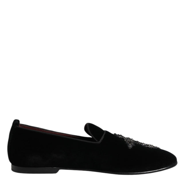 Dolce & Gabbana Black Velvet Embellished Loafer Slip On Shoes