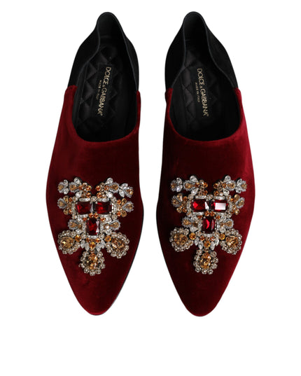 Dolce & Gabbana Black Red Velvet Embellished Slip On Shoes