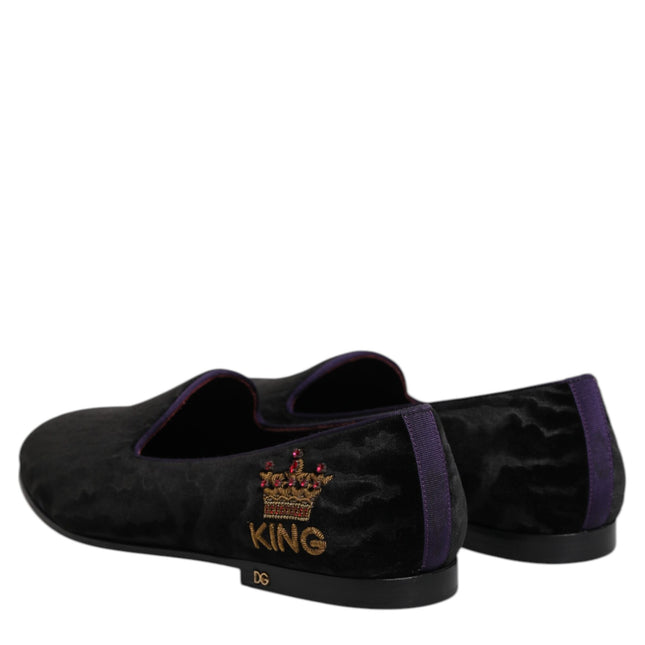 Dolce & Gabbana Black DG Crown Embroidery Loafers Slip On Shoes