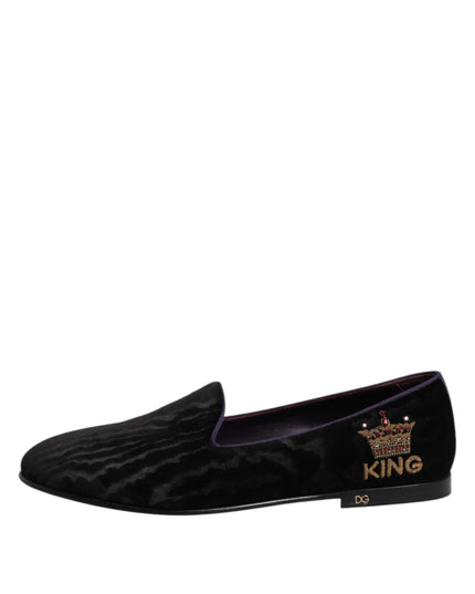 Dolce & Gabbana Black DG Crown Embroidery Loafers Slip On Shoes