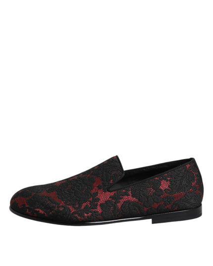 Dolce & Gabbana Red Black Jacquard Slip On Men Loafers Shoes