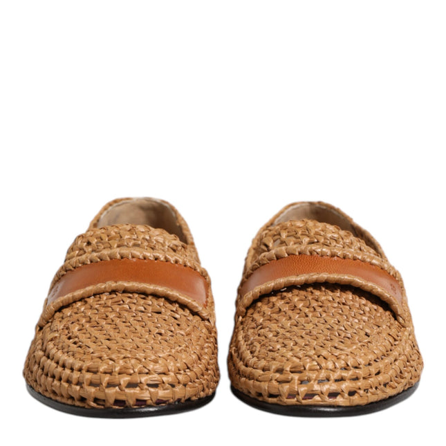 Dolce & Gabbana Brown Woven Raffia Slip On Loafers Shoes