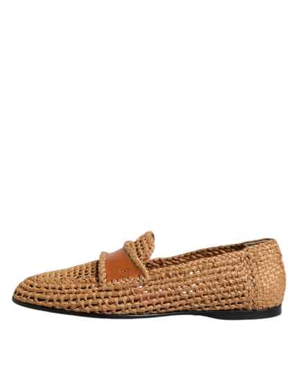 Dolce & Gabbana Brown Woven Raffia Slip On Loafers Shoes
