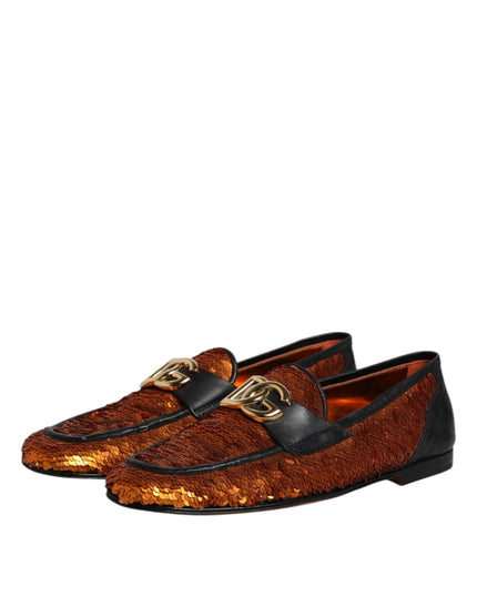 Dolce & Gabbana Orange Sequin Embellished Men Loafers Shoes