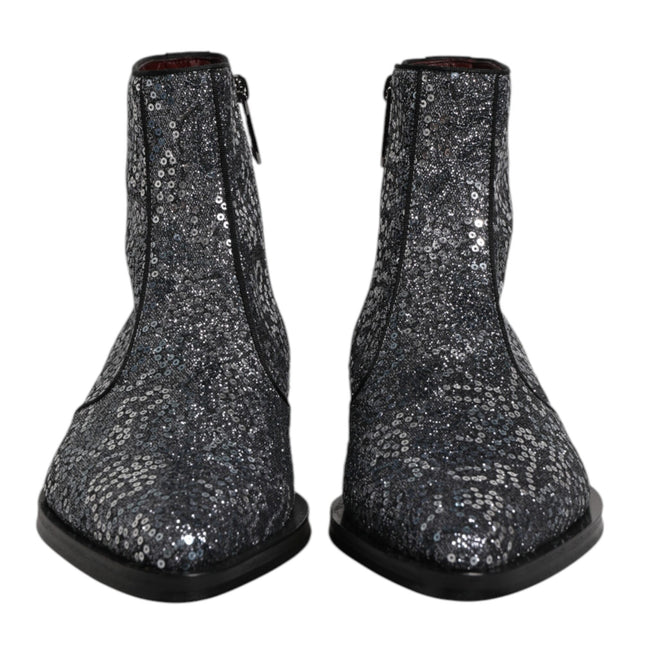 Dolce & Gabbana Dark Gray Cotton Sequined Chelsea Boots Shoes