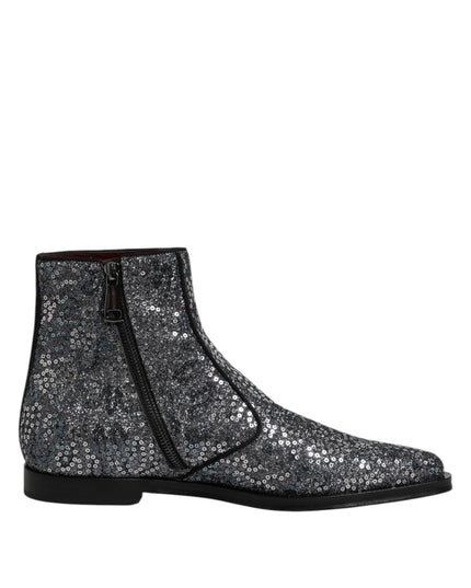 Dolce & Gabbana Dark Gray Cotton Sequined Chelsea Boots Shoes