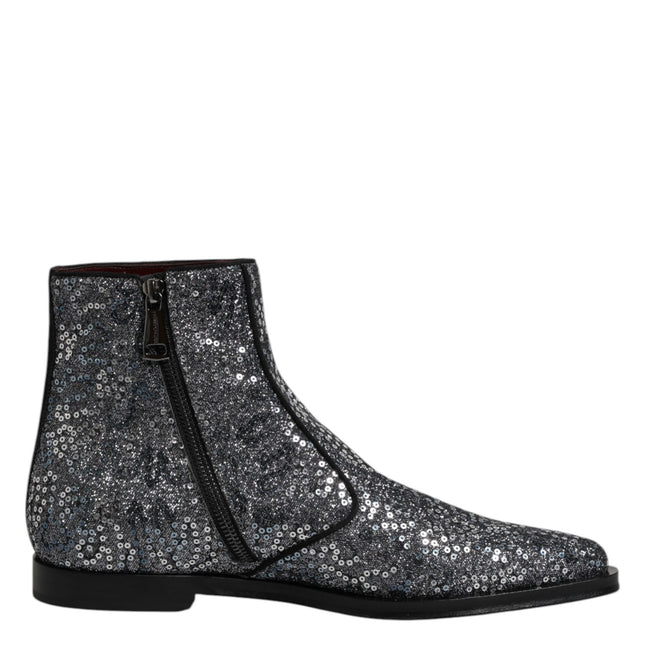 Dolce & Gabbana Dark Gray Cotton Sequined Chelsea Boots Shoes