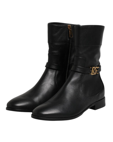Dolce & Gabbana Black Leather Flats Logo Short Boots Shoes