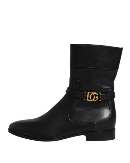Dolce & Gabbana Black Leather Flats Logo Short Boots Shoes