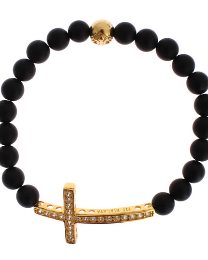Nialaya Matte Onyx Stone Gold CZ Cross 925 Silver Bracelet