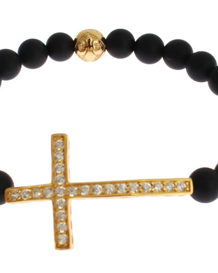Nialaya Matte Onyx Stone Gold CZ Cross 925 Silver Bracelet
