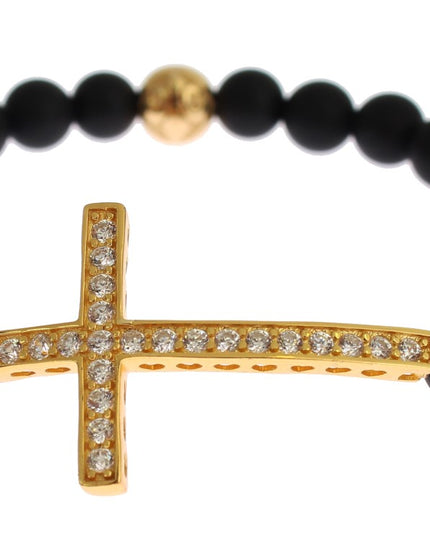 Nialaya Matte Onyx Stone Gold CZ Cross 925 Silver Bracelet
