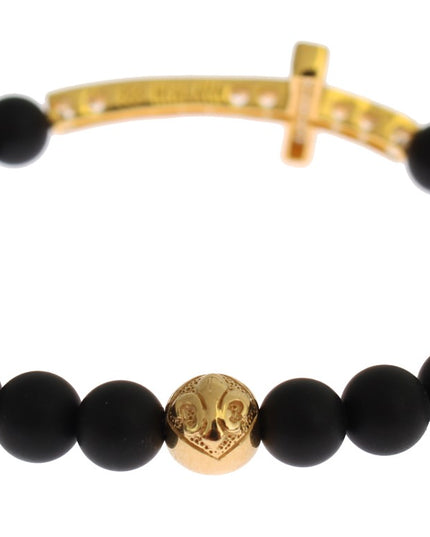 Nialaya Matte Onyx Stone Gold CZ Cross 925 Silver Bracelet