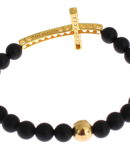 Nialaya Matte Onyx Stone Gold CZ Cross 925 Silver Bracelet