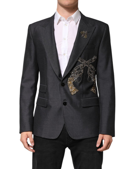 Dolce & Gabbana Dark Gray Bee Embroidery SICILIA Coat Blazer