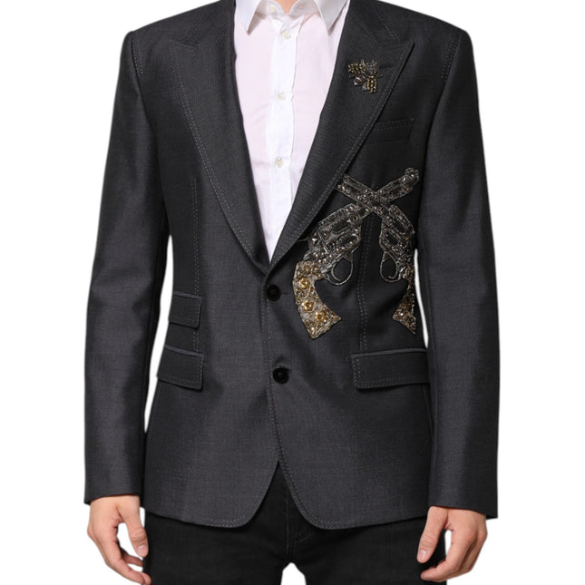 Dolce & Gabbana Dark Gray Bee Embroidery SICILIA Coat Blazer