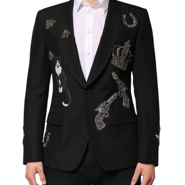 Dolce & Gabbana Black Bee Crown Embellished Suit Coat Blazer