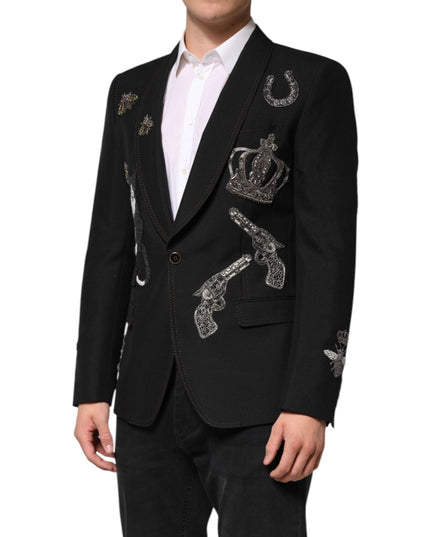 Dolce & Gabbana Black Bee Crown Embellished Suit Coat Blazer