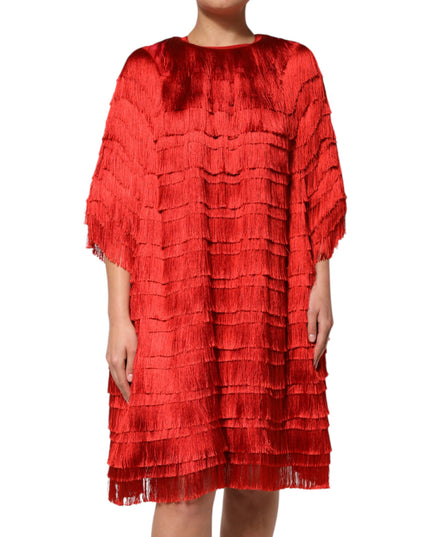 Dolce & Gabbana Red Silk Tiers Fringe Shift Knee Length Dress