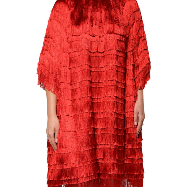 Dolce & Gabbana Red Silk Tiers Fringe Shift Knee Length Dress