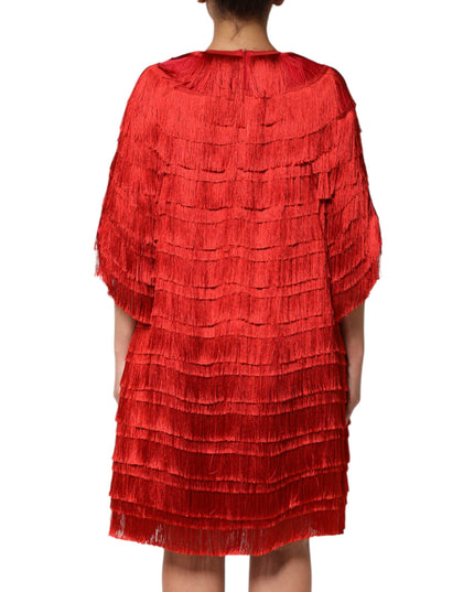 Dolce & Gabbana Red Silk Tiers Fringe Shift Knee Length Dress