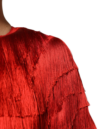 Dolce & Gabbana Red Silk Tiers Fringe Shift Knee Length Dress
