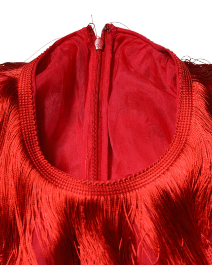 Dolce & Gabbana Red Silk Tiers Fringe Shift Knee Length Dress