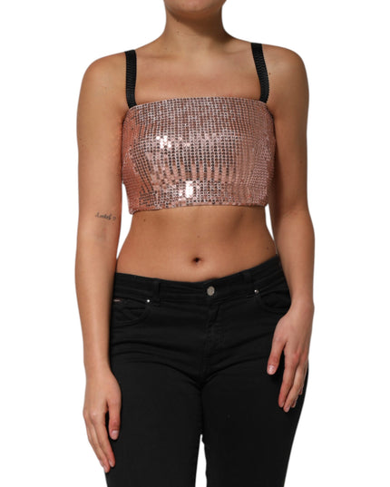 Dolce & Gabbana Pink Sequined Nylon Sleeveless Cropped Top