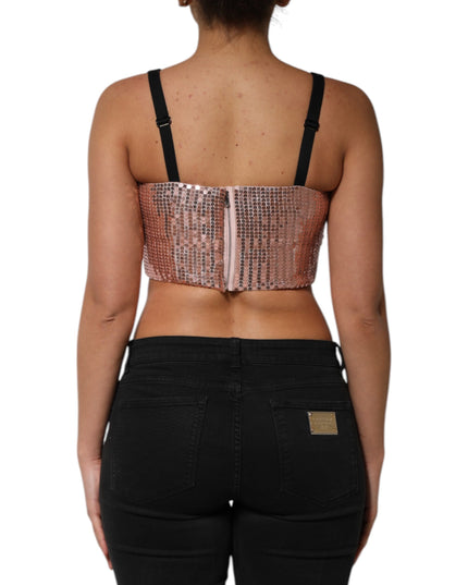 Dolce & Gabbana Pink Sequined Nylon Sleeveless Cropped Top