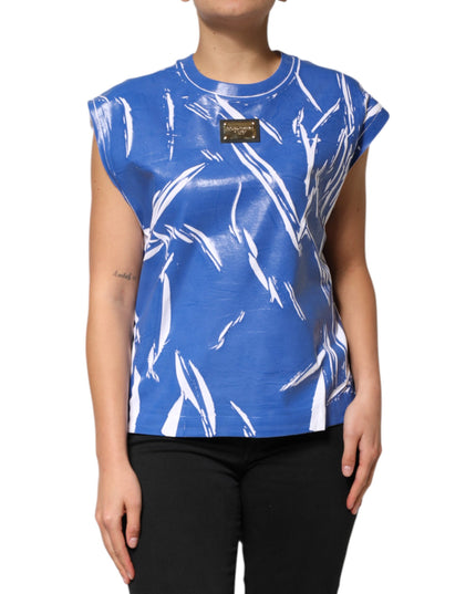Dolce & Gabbana Blue White Cotton Logo Plaque Women Tank Top