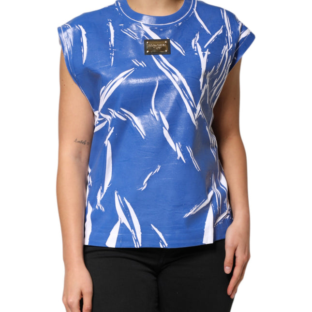 Dolce & Gabbana Blue White Cotton Logo Plaque Women Tank Top