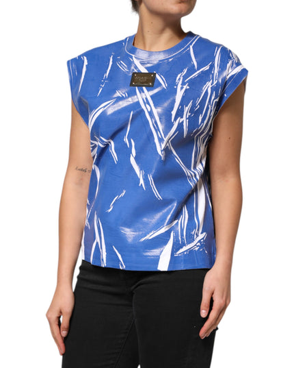 Dolce & Gabbana Blue White Cotton Logo Plaque Women Tank Top