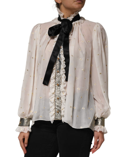 Dolce & Gabbana White Black Silk Long Sleeve Ascot Collar Top