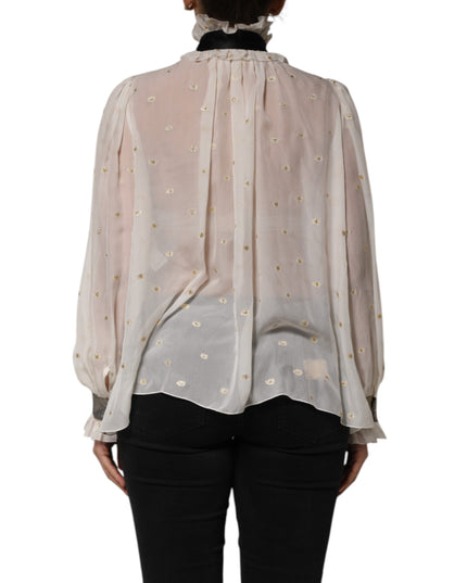 Dolce & Gabbana White Black Silk Long Sleeve Ascot Collar Top