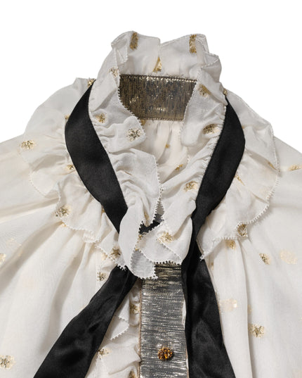 Dolce & Gabbana White Black Silk Long Sleeve Ascot Collar Top