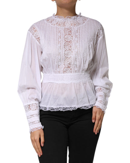 Dolce & Gabbana White Cotton Floral Lace Long Sleeves Top